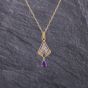 Second Hand 9ct Yellow Gold Amethyst & 0.03ct Diamond Fan Dropper Pendant & 18 Inch Prince Of Wales Chain 41143189