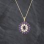 Second Hand 9ct Yellow Gold Amethyst & Opal Halo Cluster Pendant & 18 Inch Prince Of Wales Chain 41143398