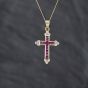 Second Hand 9ct Yellow Gold Ruby & Diamond Cross Pendant & 18 Inch Curb Chain 41143425