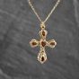 Second Hand 9ct Yellow Gold Garnet Set Cross Pendant & 16 Inch Curb Chain 41143559
