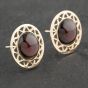 Second Hand Yellow Gold Garnet Circular Openwork Bordered Stud Earrings 41173152