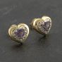 Second Hand 9ct Yellow Gold Amethyst & Diamond Heart 9mm Stud Earrings 41173175