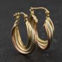 Second Hand 9ct Three Colour Gold Three Strand Twist 22mm Creole Earrings 41174380