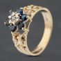 Second Hand Vintage 9ct Yellow Gold Sapphire & Brilliant Cut Diamond Flower Design Bark Effect Patterned Shoulders Cluster Ring 41382695