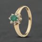 Second Hand 9ct Yellow Gold Emerald & 0.10ct Brilliant Cut Diamond Flower Dress Ring 41384012
