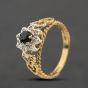 Second Hand 9ct Yellow Gold Sapphire & 0.04ct Diamond Flower Heart Shoulders Cluster Ring 41384511
