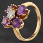 Second Hand 9ct Yellow Gold Amethyst & Diamond Flower Cluster Ring 4342014