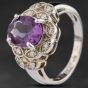 Second Hand 14ct White Gold 2.20ct Amethyst & 0.25ct Brilliant Cut Diamond Oval Cluster Ring 4342213