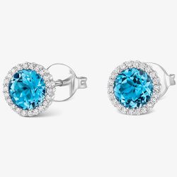Tivon Classic 18ct White Gold Round Swiss Blue Topaz & Diamond Cluster Stud Earrings EW-0871-BT