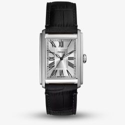 Fossil Mens Carraway Silver Dial Black Leather Strap Watch FS6078