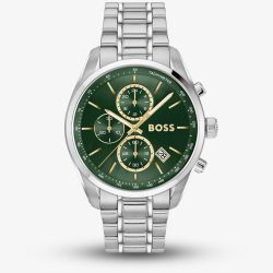 BOSS Mens Grand Prix 44 Silver Tone Green Dial Watch 1514266