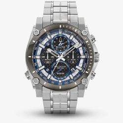 Bulova Mens Precisionist Stainless Steel Black and Blue Chronograph Dial Bracelet Watch 98B316