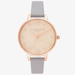 Olivia Burton Glitter Dial Pale Rose Gold and Grey Lilac Leather Strap Watch OB16GD45