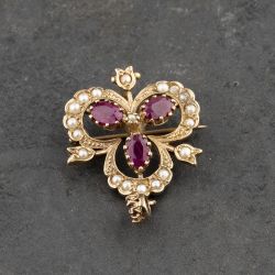 Second Hand 9ct Yellow Gold Ruby & Seed Pearl Clover Shape Brooch 41131140