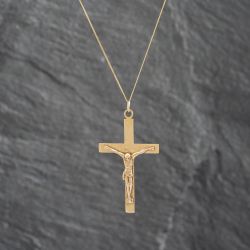 Second Hand 9ct Yellow Gold Crucifix Cross Pendant & 18 Inch Curb Chain 41142712