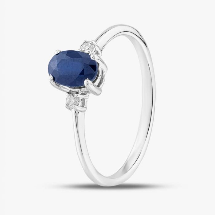 14K White Gold 3 Stone Bridal Ring – Blue Sapphire And White Diamond Swirl Engagement Ring, Size 9