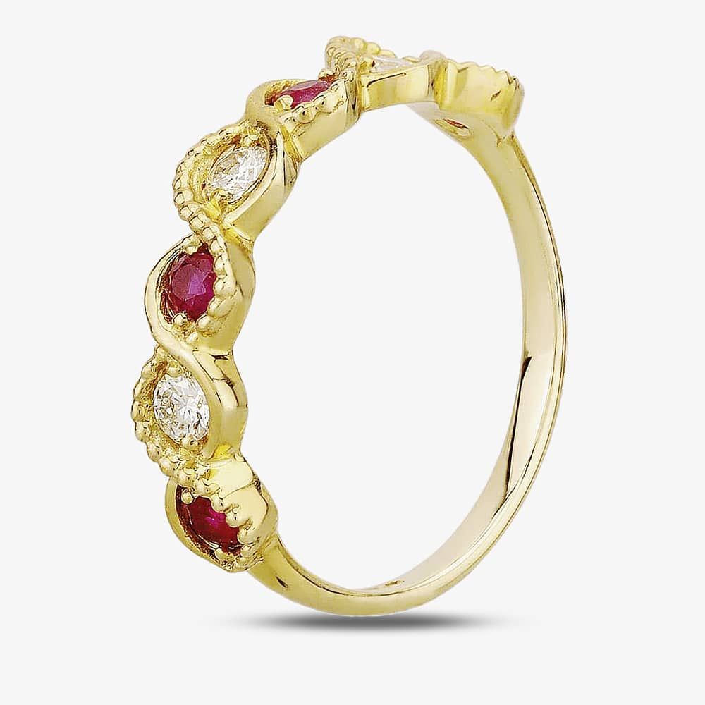 9ct Yellow Gold Ruby and Diamond Twist Half Eternity Ring - thbaker.co.uk