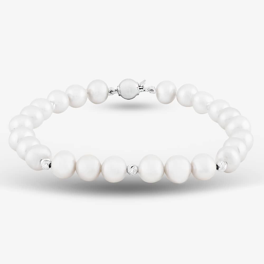 9ct White Gold 7.5 Inch Grey Freshwater Pearl Bead Bracelet