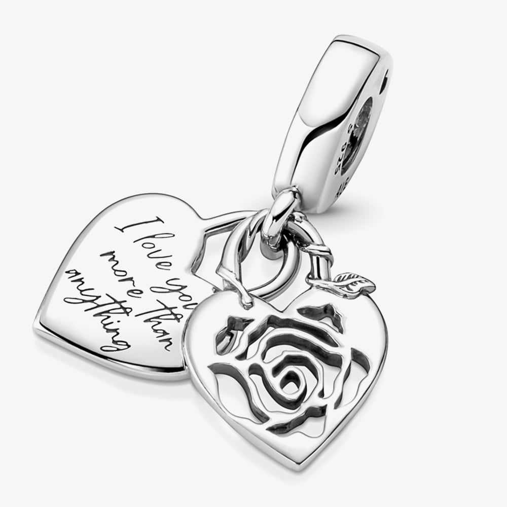 PANDORA 790086C00 Sterling Silver Heart Rose Double Dangle Charm ...