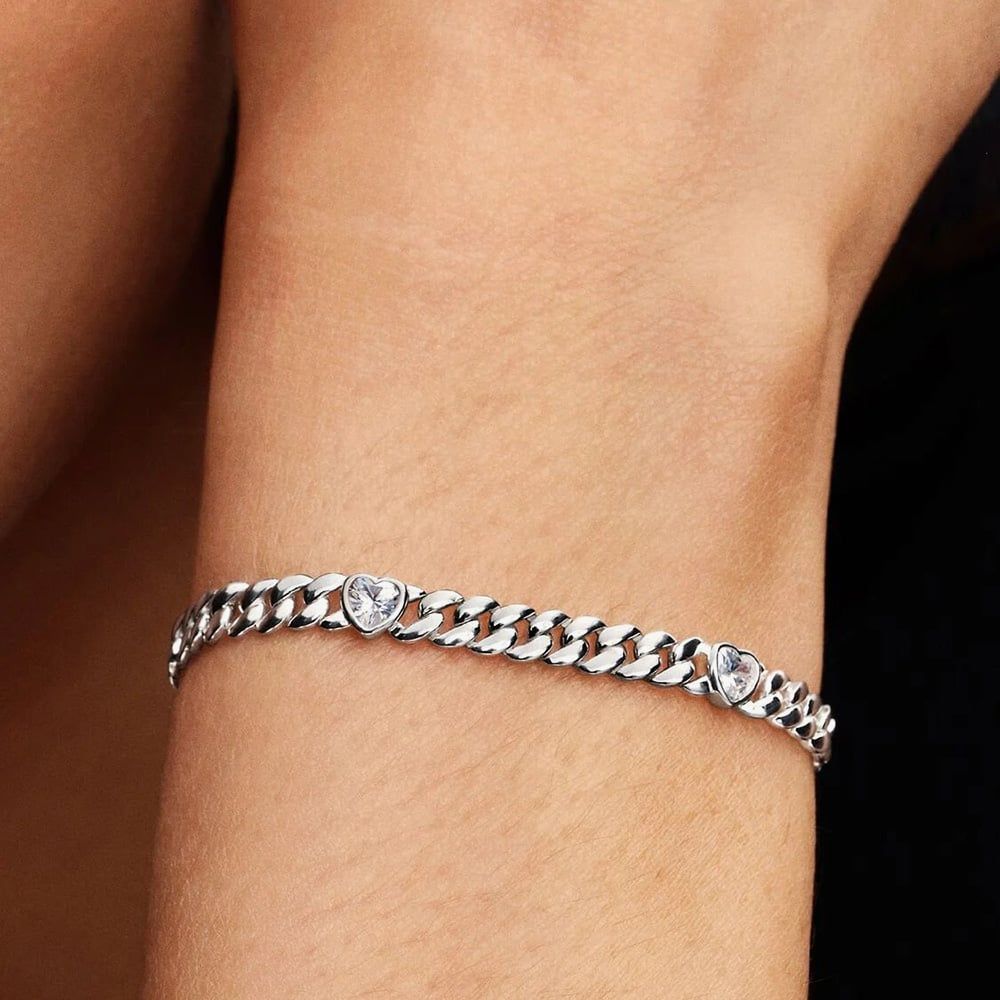 PANDORA 594226C01 Silver Heart Cuban Chain Bracelet - thbaker.co.uk