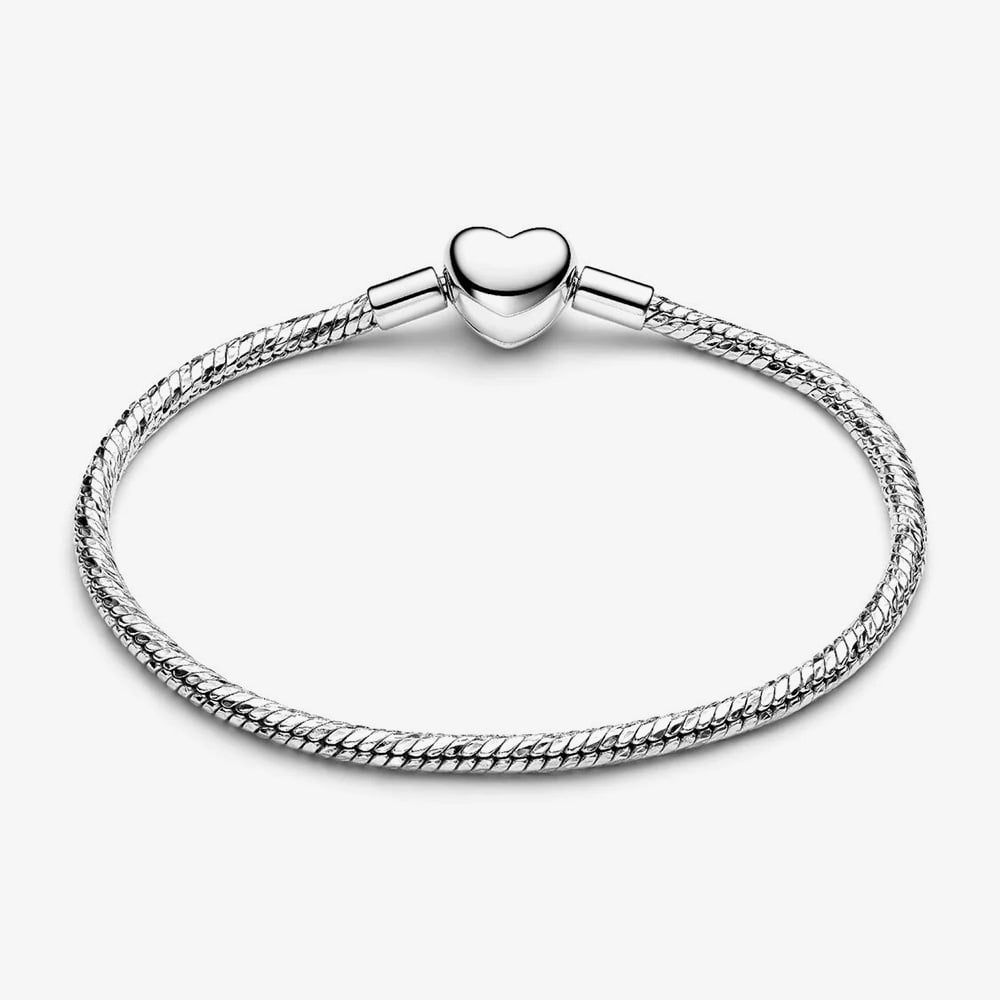 PANDORA 594236C00 Silver Heart Clasp Faceted Snake Chain Bracelet
