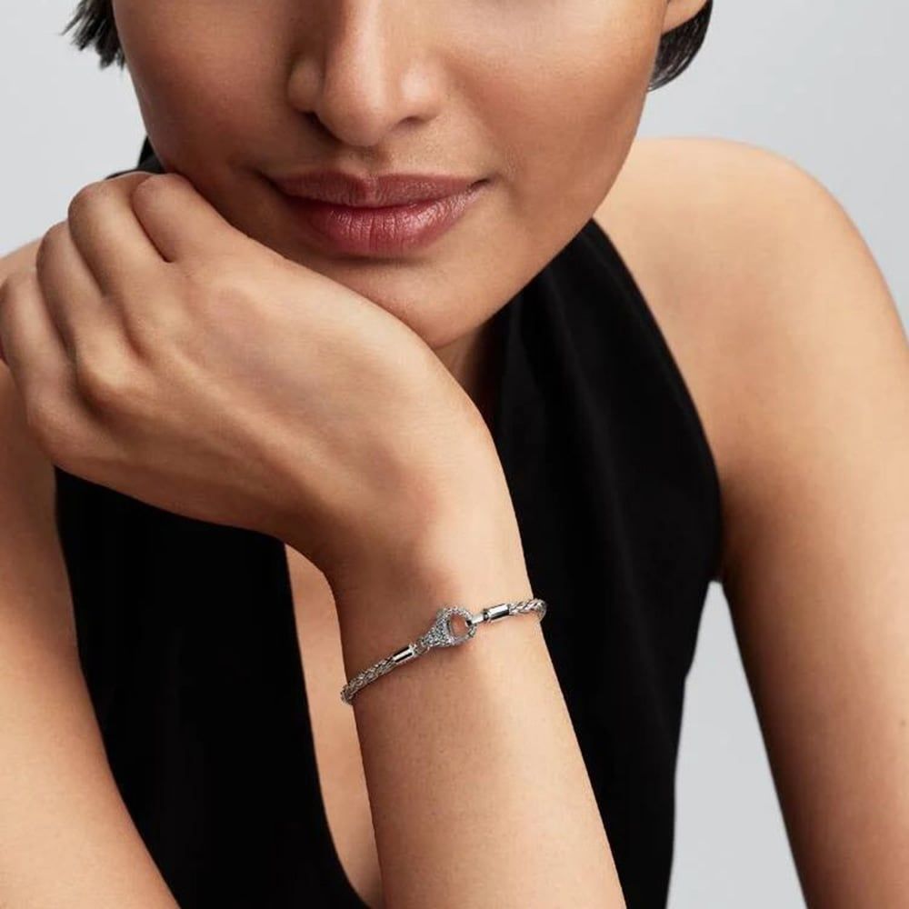PANDORA 594462C01 Silver Pavé Clasp Foxtail Chain Charm Bracelet ...