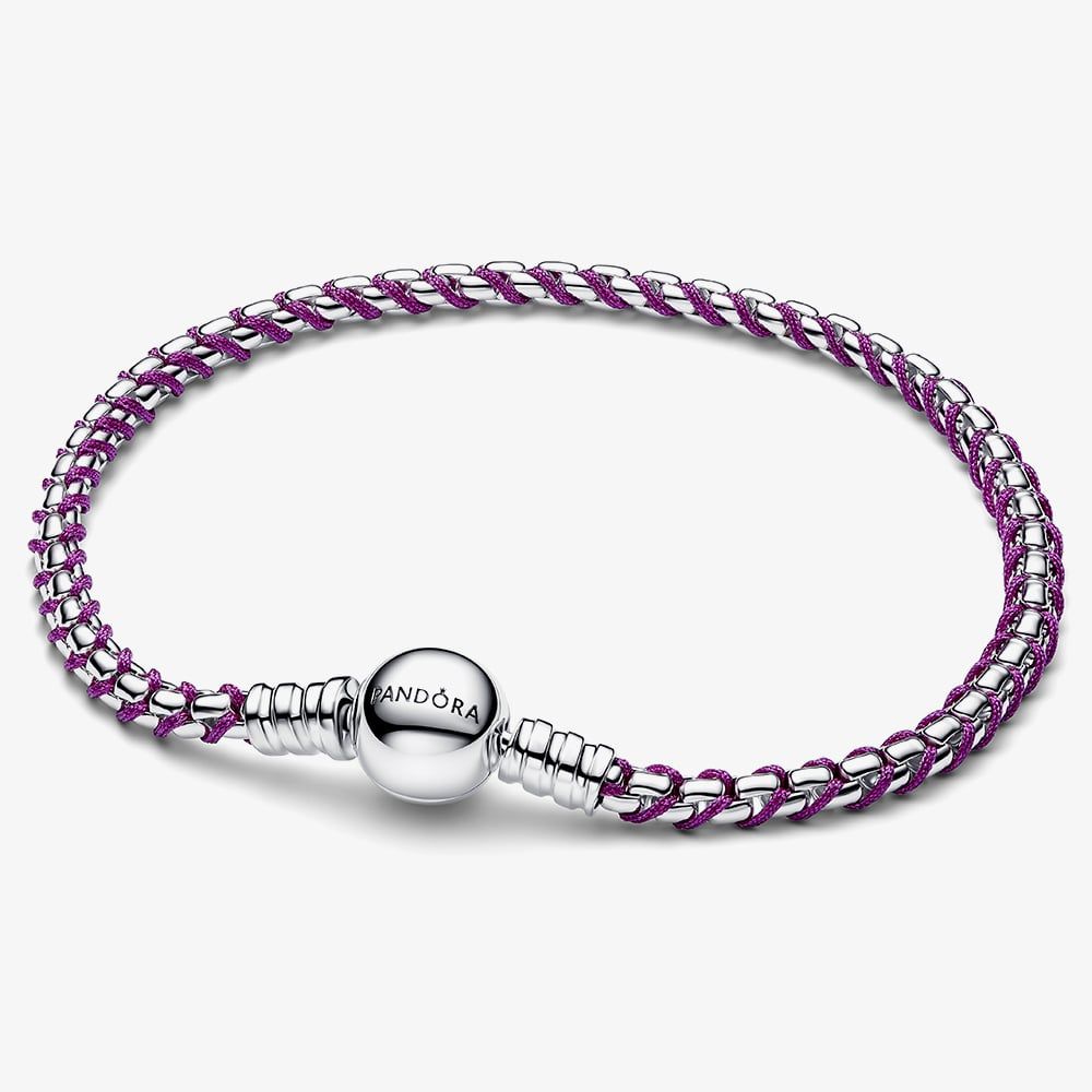 PANDORA 593816C03 Silver Purple Cord Box Chain Bracelet - thbaker