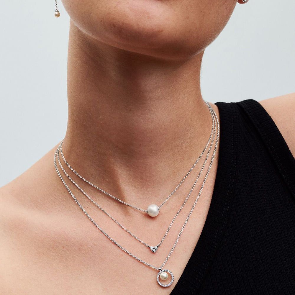 PANDORA 393165C01-45 Silver Cultured Pearl & Pave Necklace - thbaker.co.uk