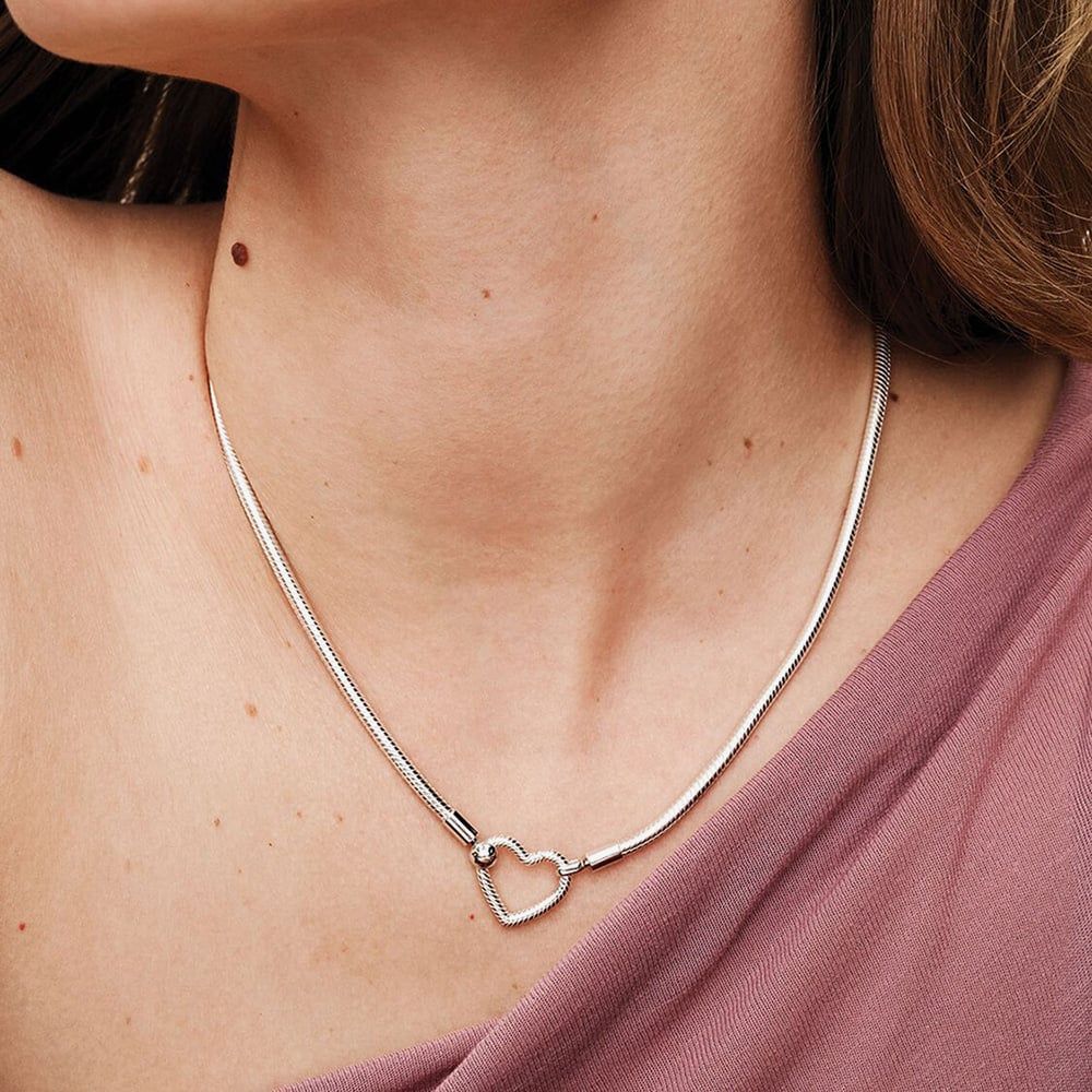 PANDORA 393377C00-45 Silver Heart Closure Snake Chain Necklace
