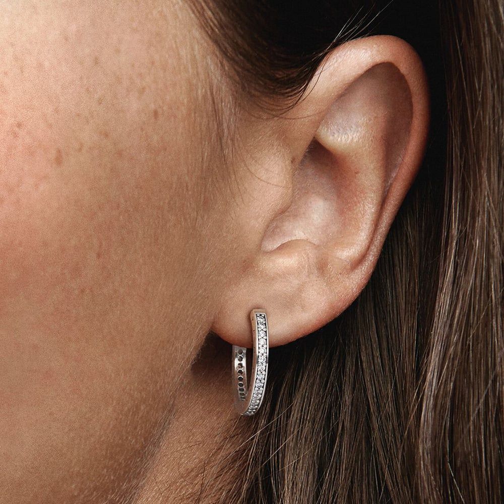 PANDORA 290558CZ Silver Sparkle Logo Hoop Earrings - thbaker.co.uk