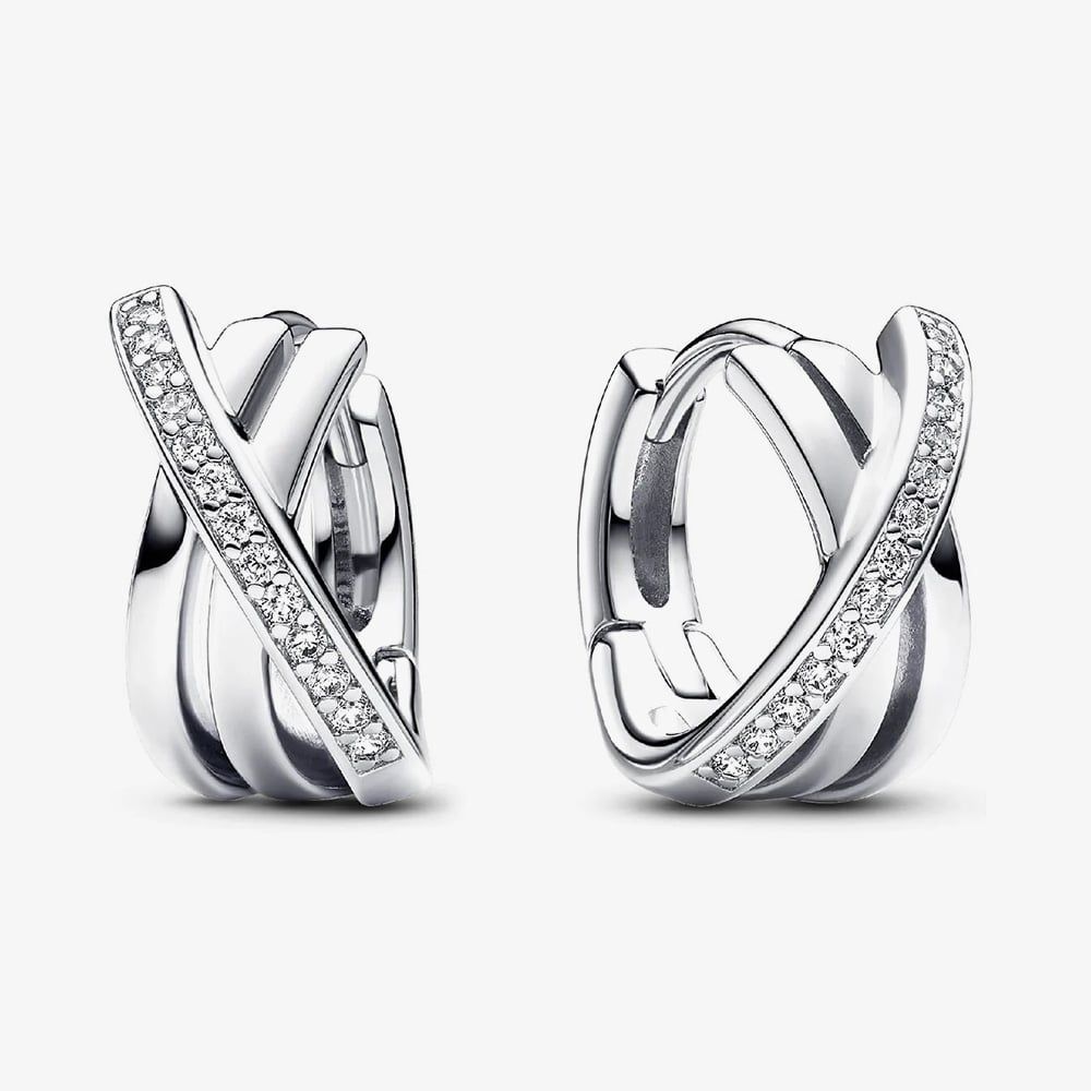 PANDORA 293150C01 Silver Crossover Pavé Hoop Earrings - thbaker.co.uk