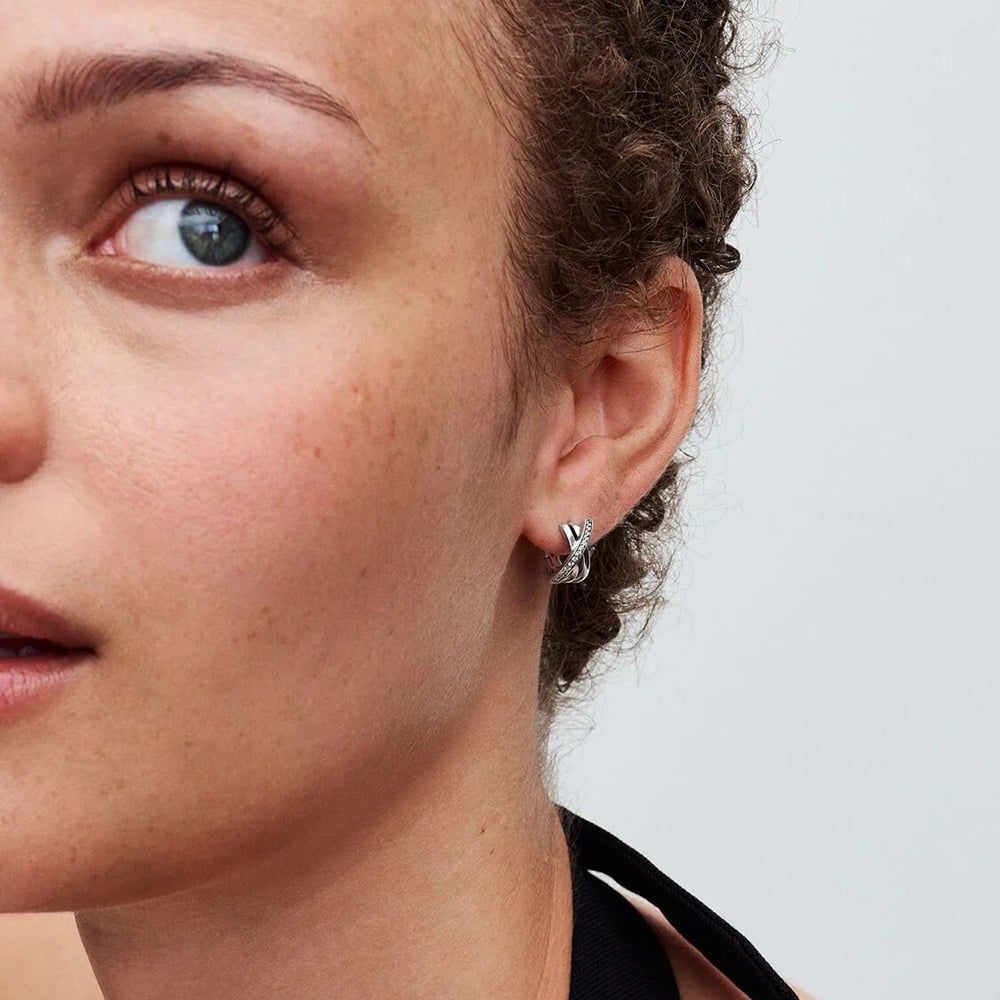 PANDORA 293150C01 Silver Crossover Pavé Hoop Earrings - thbaker.co.uk