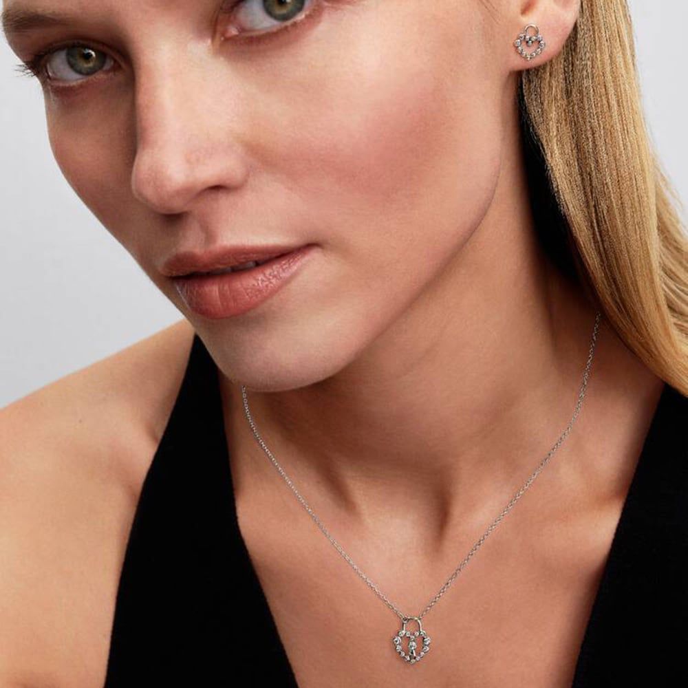 PANDORA 294419C01 Silver Sparkling Heart Padlock Stud Earrings ...