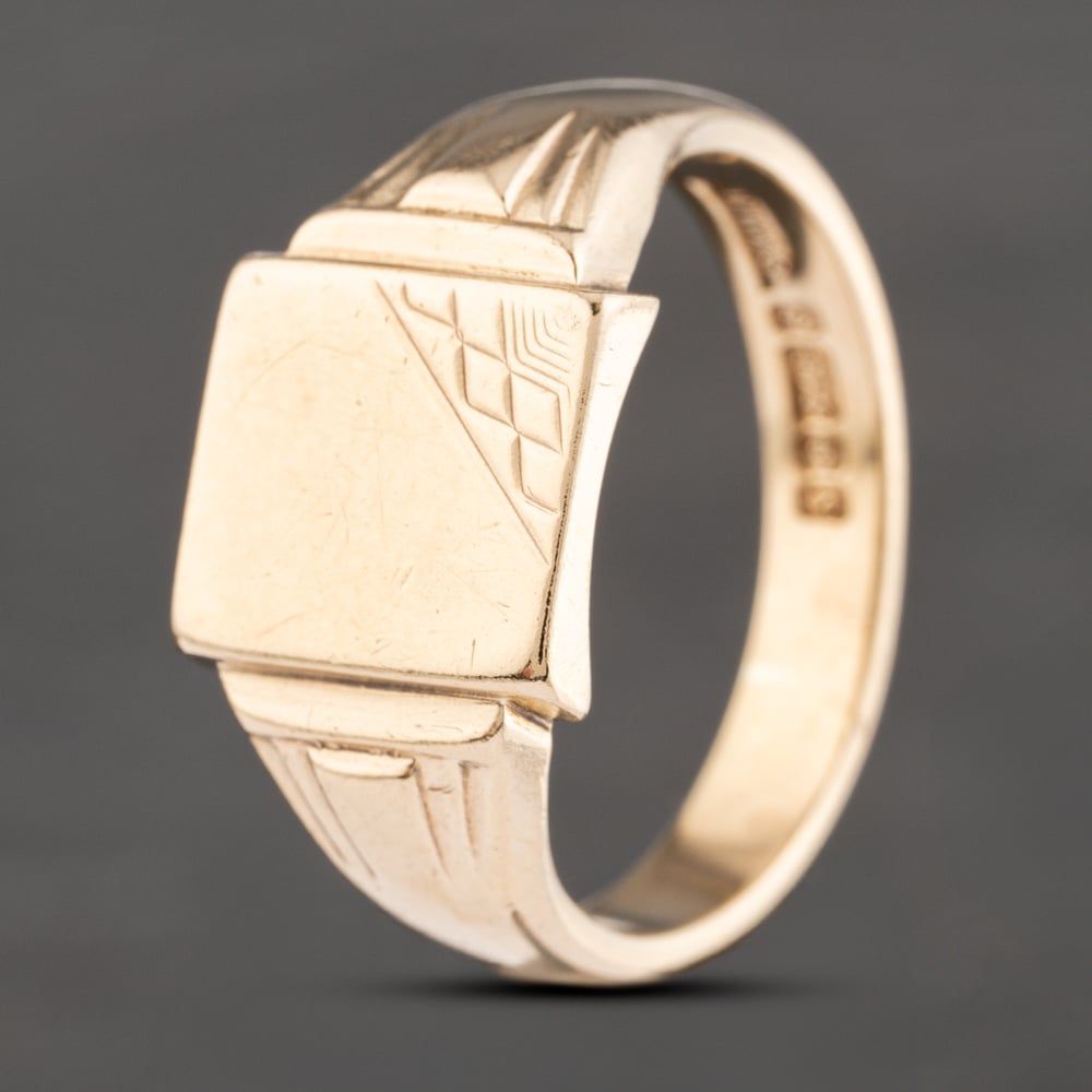 Second Hand Vintage 9ct Yellow Gold Part Engraved Square Signet