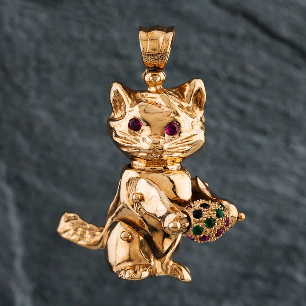 Second Hand 9ct Yellow Gold Multi Stone Cat & Ball Loose Pendant
