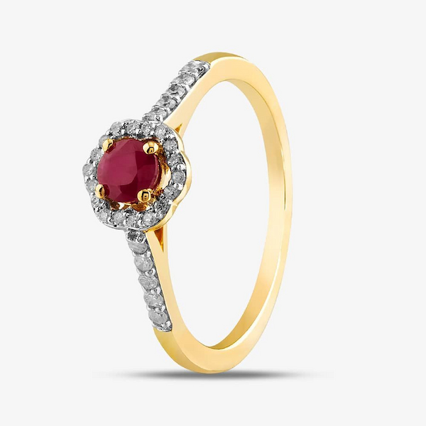 T.H.Baker 9ct Yellow Gold Ruby & Diamond Halo Ring