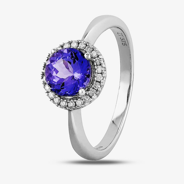 T.H.Baker 9ct White Gold Round Tanzanite and Diamond Halo Ring