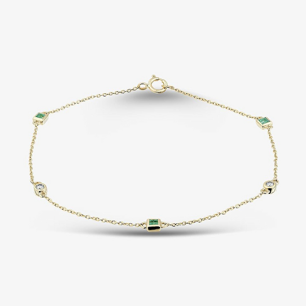 9ct Yellow Gold Emerald & Diamond Chain Bracelet