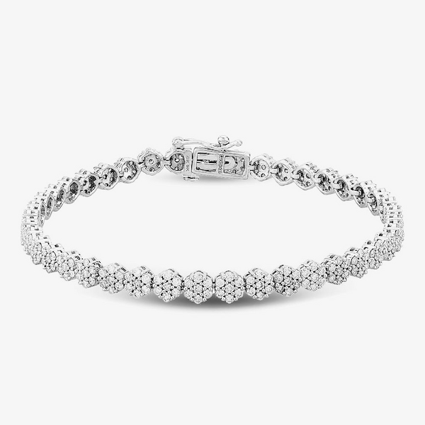 9ct White Gold 3.00ct Diamond Flower Cluster Tennis Bracelet