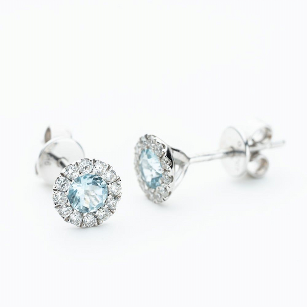9ct White Gold Aquamarine & Diamond Cluster Stud Earrings