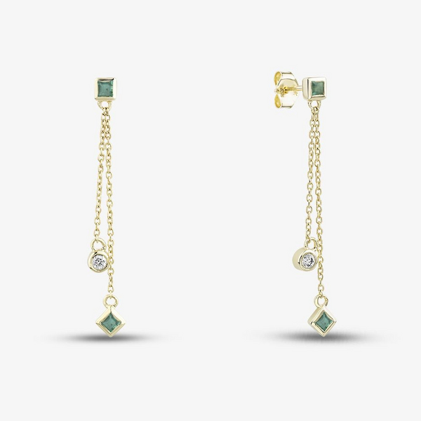 9ct Yellow Gold Emerald & Diamond Two Strand Drop Earrings