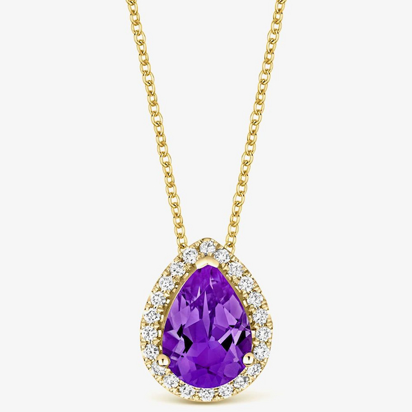 Tivon 18ct Rose Gold Pear-Cut Amethyst & Diamond Halo Pendant Necklace