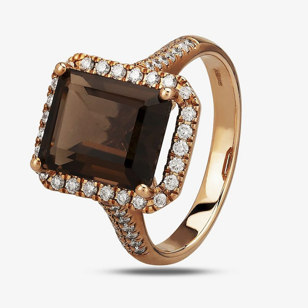 9ct Rose Gold Baguette Cut Smoky Quartz and Round Diamond Cluster Shouldered Ring