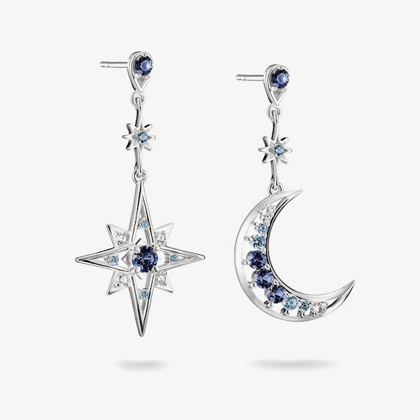 THOMAS SABO Sterling Silver & Blue Crystal Moon & Star Drop Stud Earrings