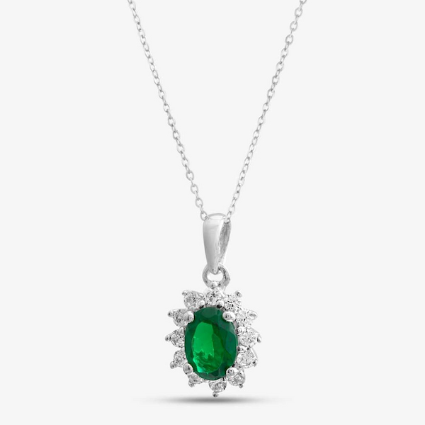 9ct White Gold Oval Cut Emerald & Cubic Zirconia Halo Necklace
