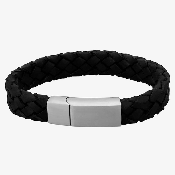 Bourne and Wilde Mens Thick Black Leather Plaited Bracelet