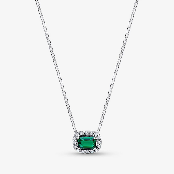 Pandora Silver Rectangular Sparkling Green Halo Necklace