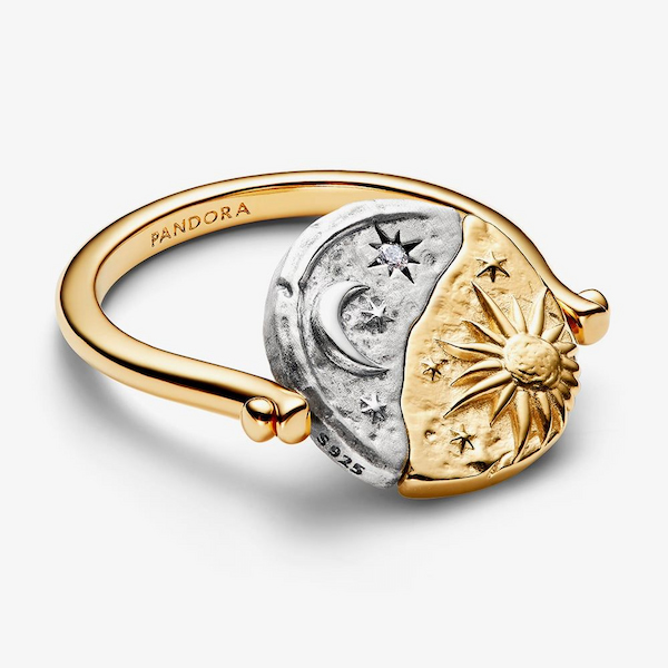 PANDORA 14ct Yellow Gold Plated Sterling Silver Sun & Moon Reversible Medallion Ring