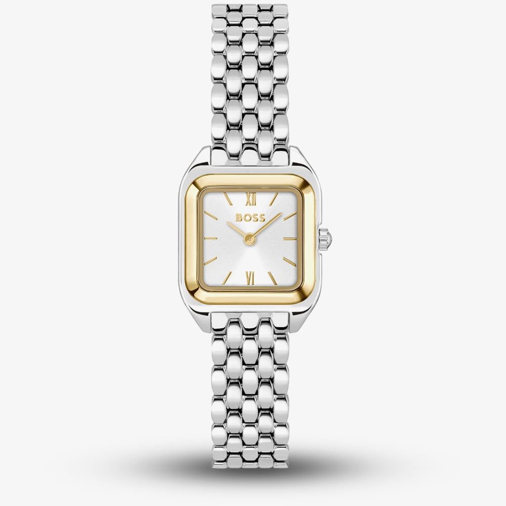 Boss Ladies Mae Petite Two Tone Rectangle White Dial Watch