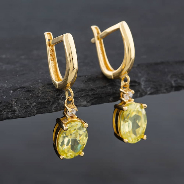 Second hand 14ct Yellow Gold Yellow & White Cubic Zirconia Oval Dropper Earrings